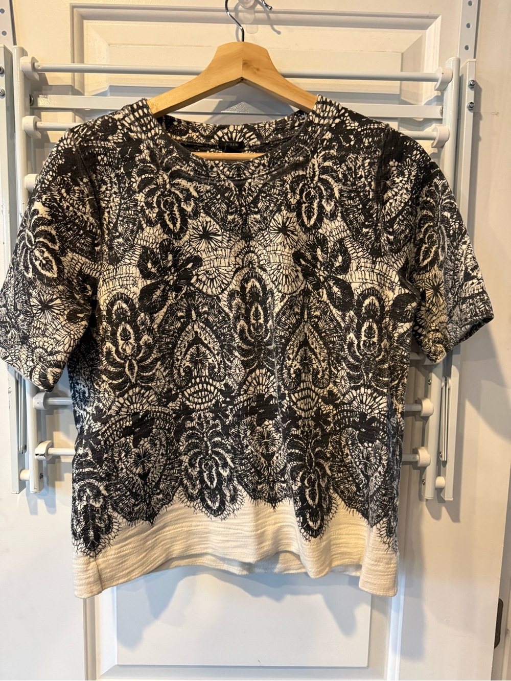 J. Crew Black and White Lace-Pattern Short Sleeve Sweatshirt